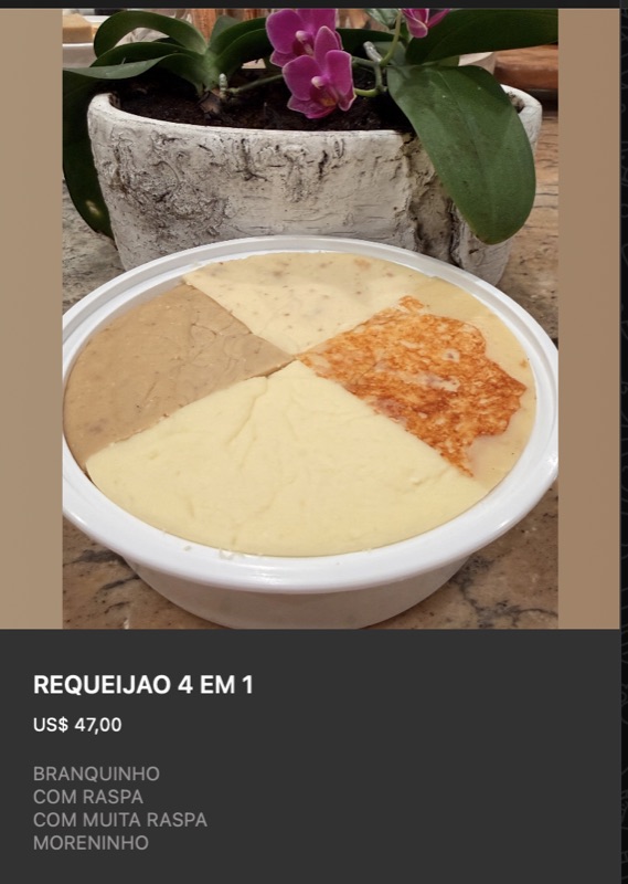 Tigela redonda com quatro tipos de requeijão dispostos em quadrantes coloridos: branquinho, com raspa, com muita raspa, moreninho. Apresentação em estilo paleta de degustação.