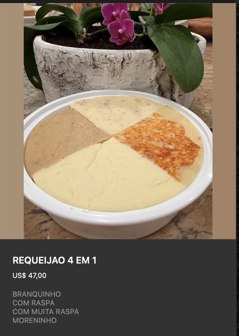 Tigela redonda com quatro tipos de requeijão dispostos em quadrantes coloridos: branquinho, com raspa, com muita raspa, moreninho. Apresentação em estilo paleta de degustação.
